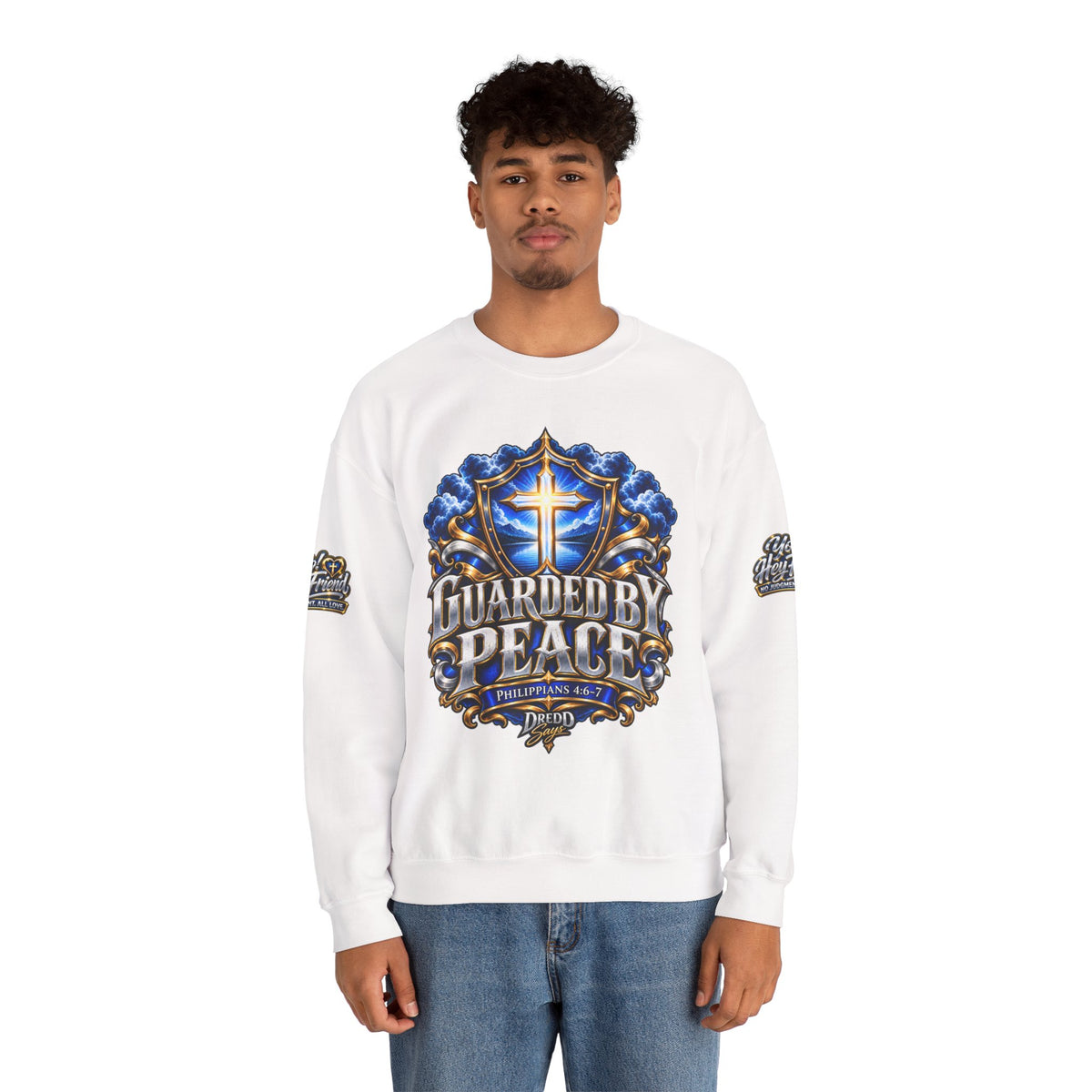 Guarded by Peace cross crest Sweatshirt | Yo! Hey Friend script back Sweatshirt