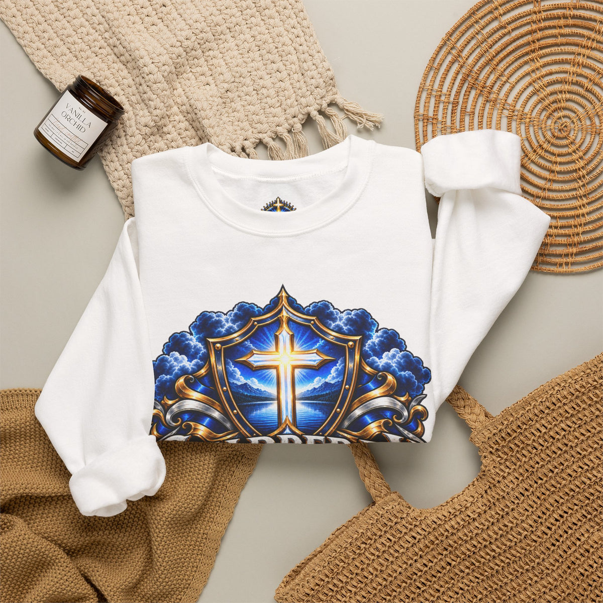 Guarded by Peace cross crest Sweatshirt | Yo! Hey Friend script back Sweatshirt