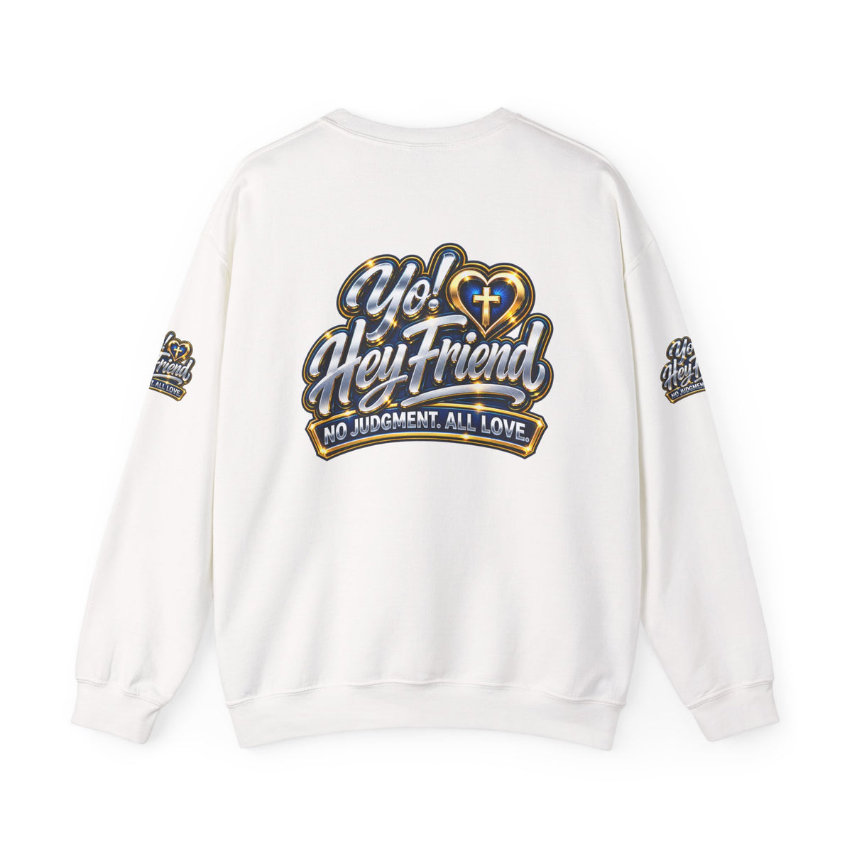 Guarded by Peace cross crest Sweatshirt | Yo! Hey Friend script back Sweatshirt