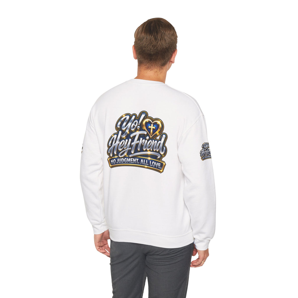 Guarded by Peace cross crest Sweatshirt | Yo! Hey Friend script back Sweatshirt