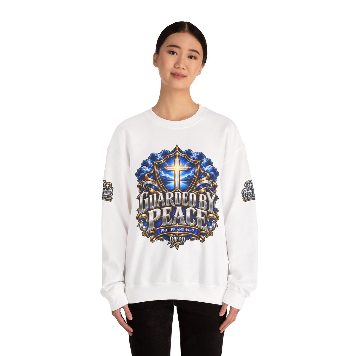 Guarded by Peace cross crest Sweatshirt | Yo! Hey Friend script back Sweatshirt