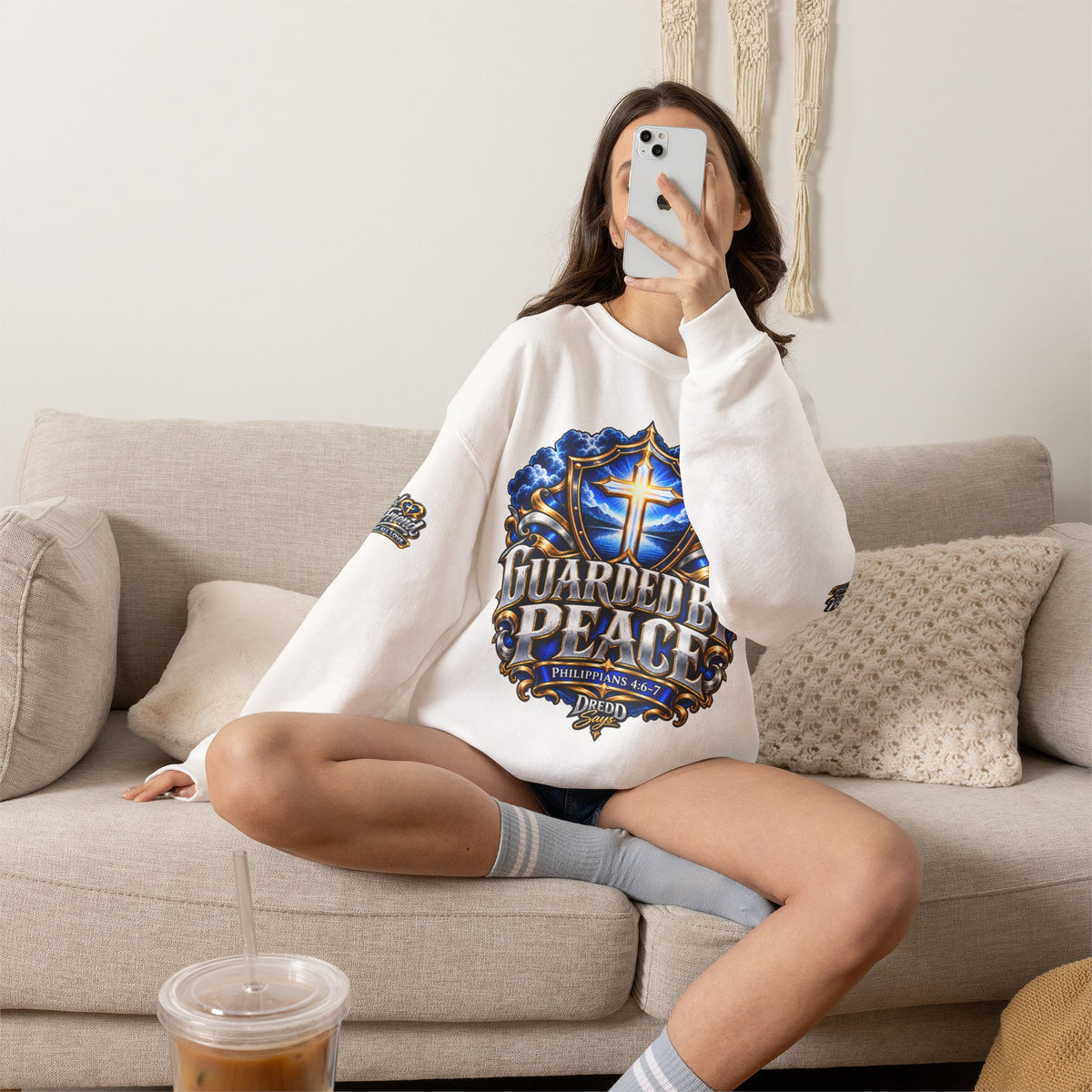 Guarded by Peace cross crest Sweatshirt | Yo! Hey Friend script back Sweatshirt