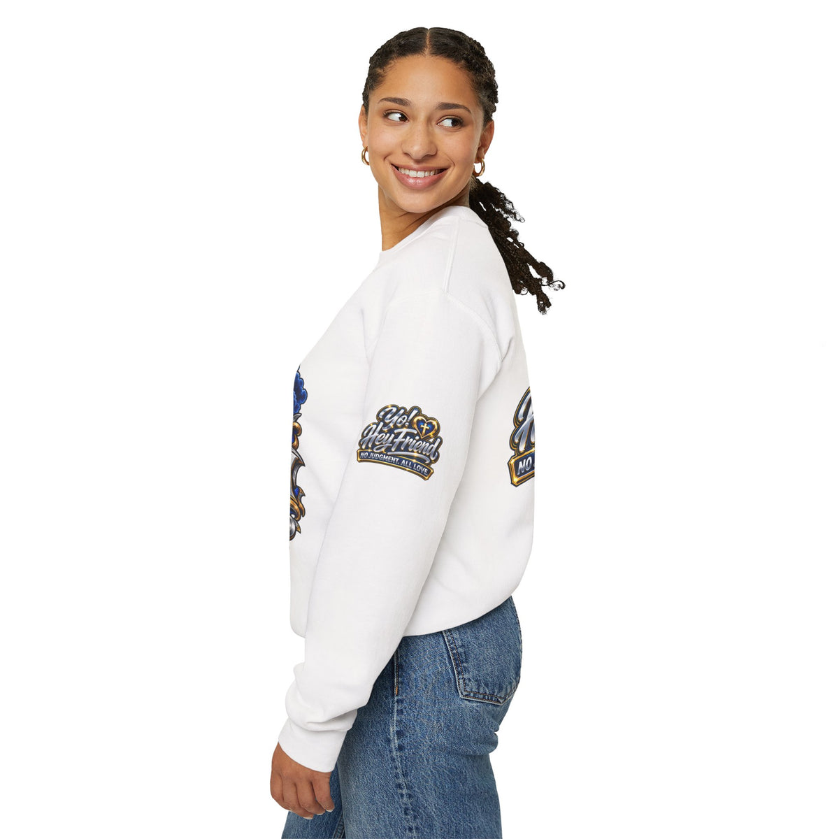 Guarded by Peace cross crest Sweatshirt | Yo! Hey Friend script back Sweatshirt