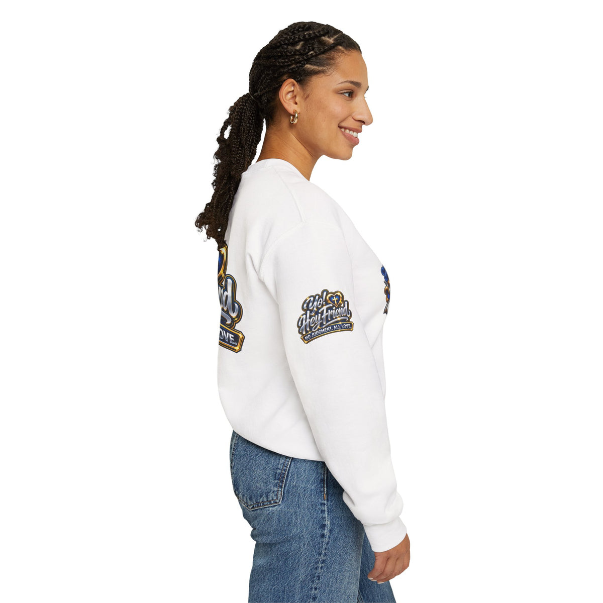 Guarded by Peace cross crest Sweatshirt | Yo! Hey Friend script back Sweatshirt