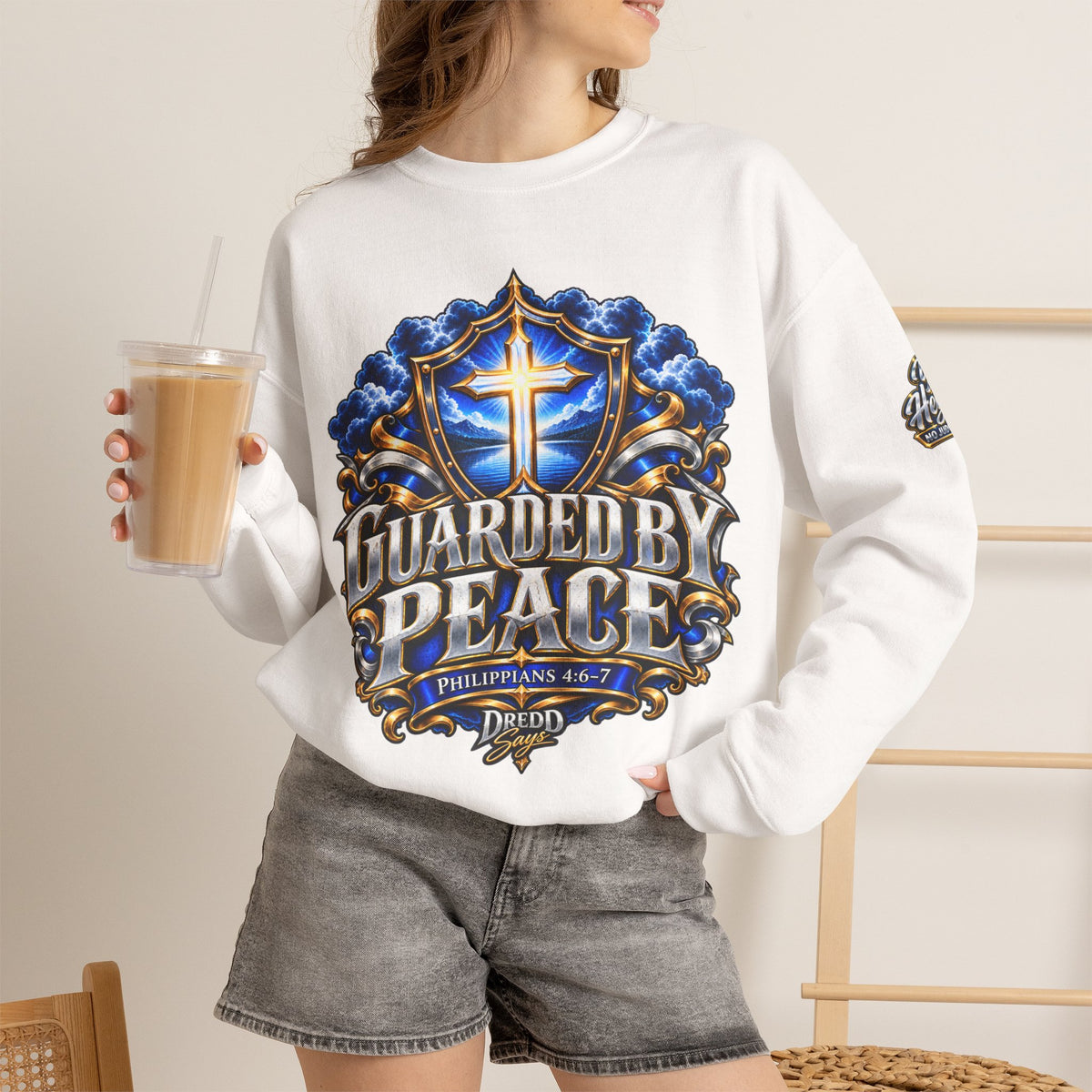 Guarded by Peace cross crest Sweatshirt | Yo! Hey Friend script back Sweatshirt