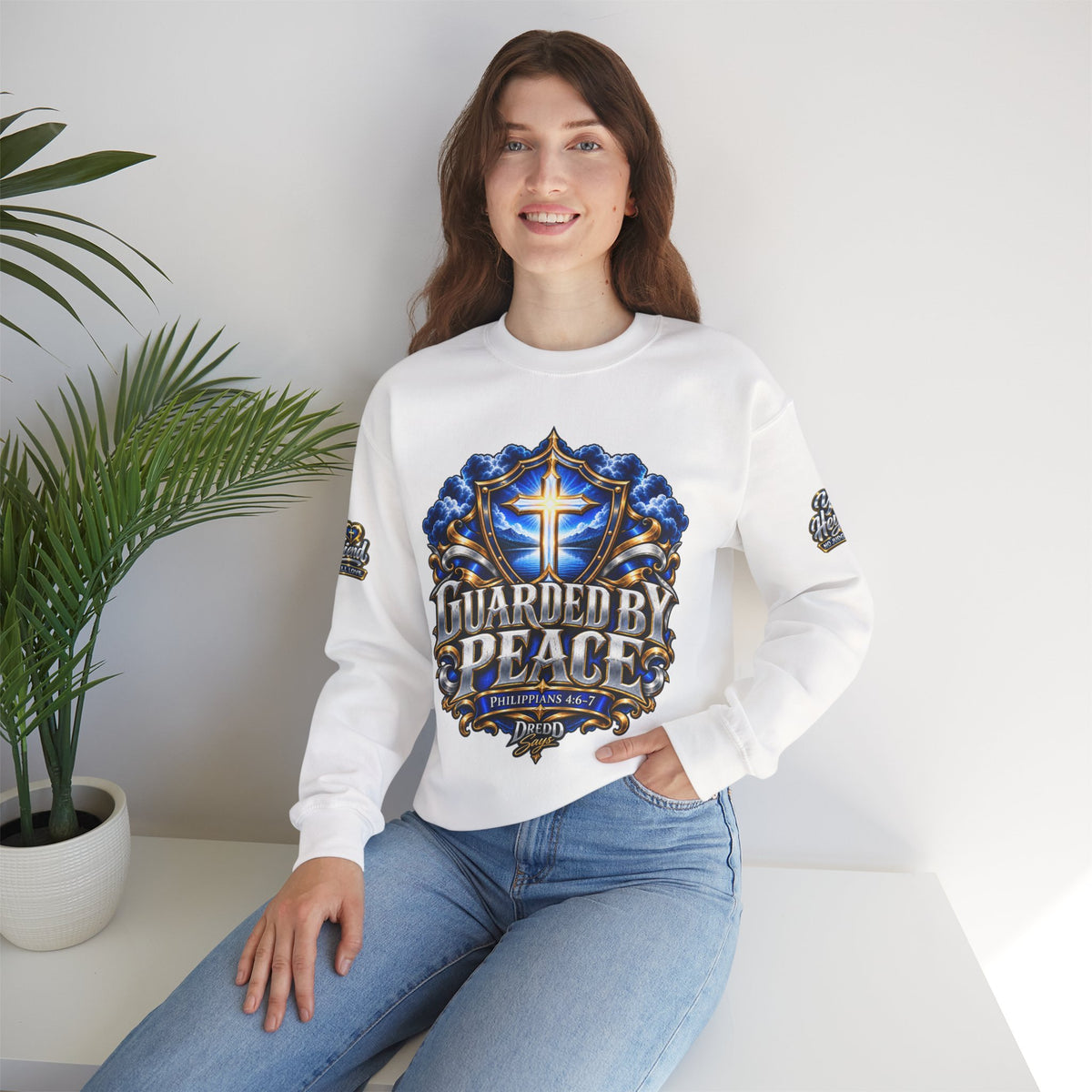 Guarded by Peace cross crest Sweatshirt | Yo! Hey Friend script back Sweatshirt