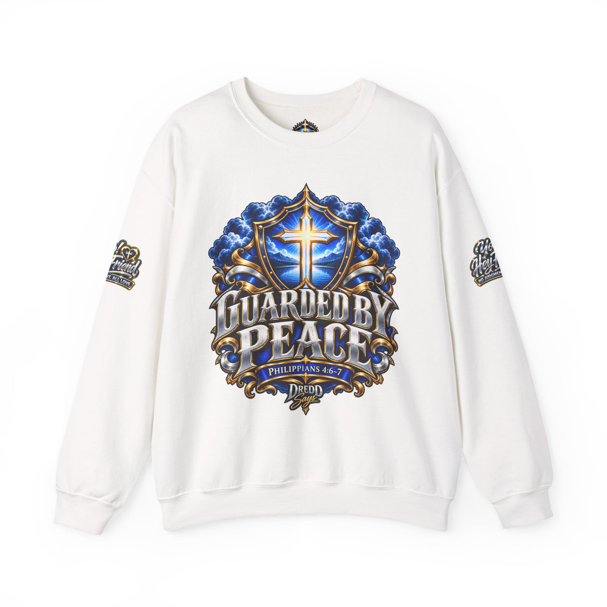 Guarded by Peace cross crest Sweatshirt | Yo! Hey Friend script back Sweatshirt