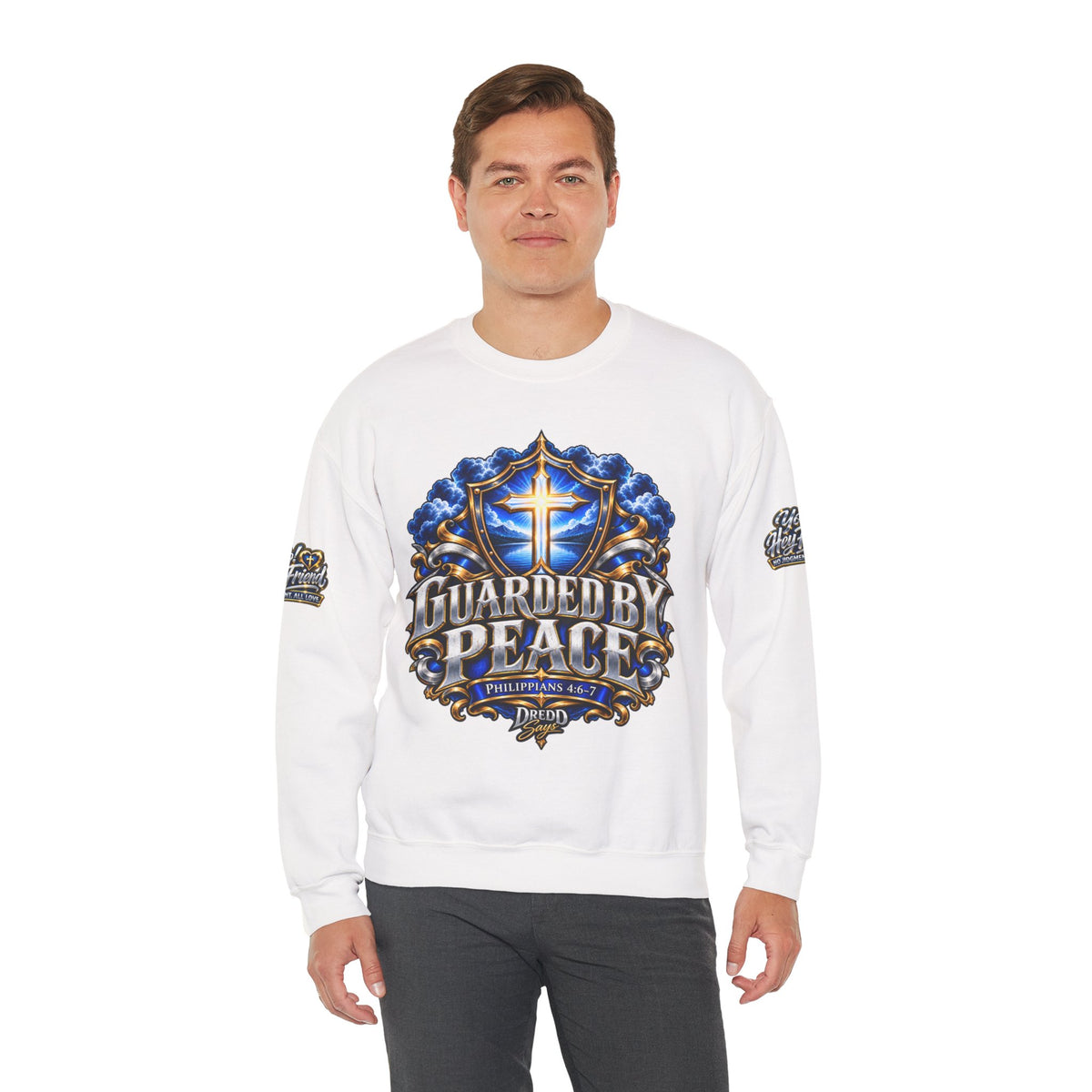Guarded by Peace cross crest Sweatshirt | Yo! Hey Friend script back Sweatshirt
