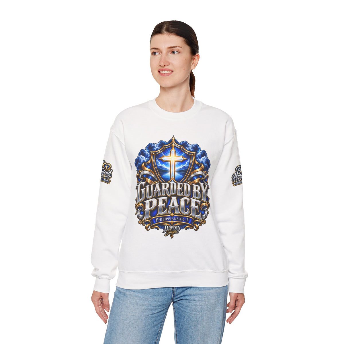 Guarded by Peace cross crest Sweatshirt | Yo! Hey Friend script back Sweatshirt